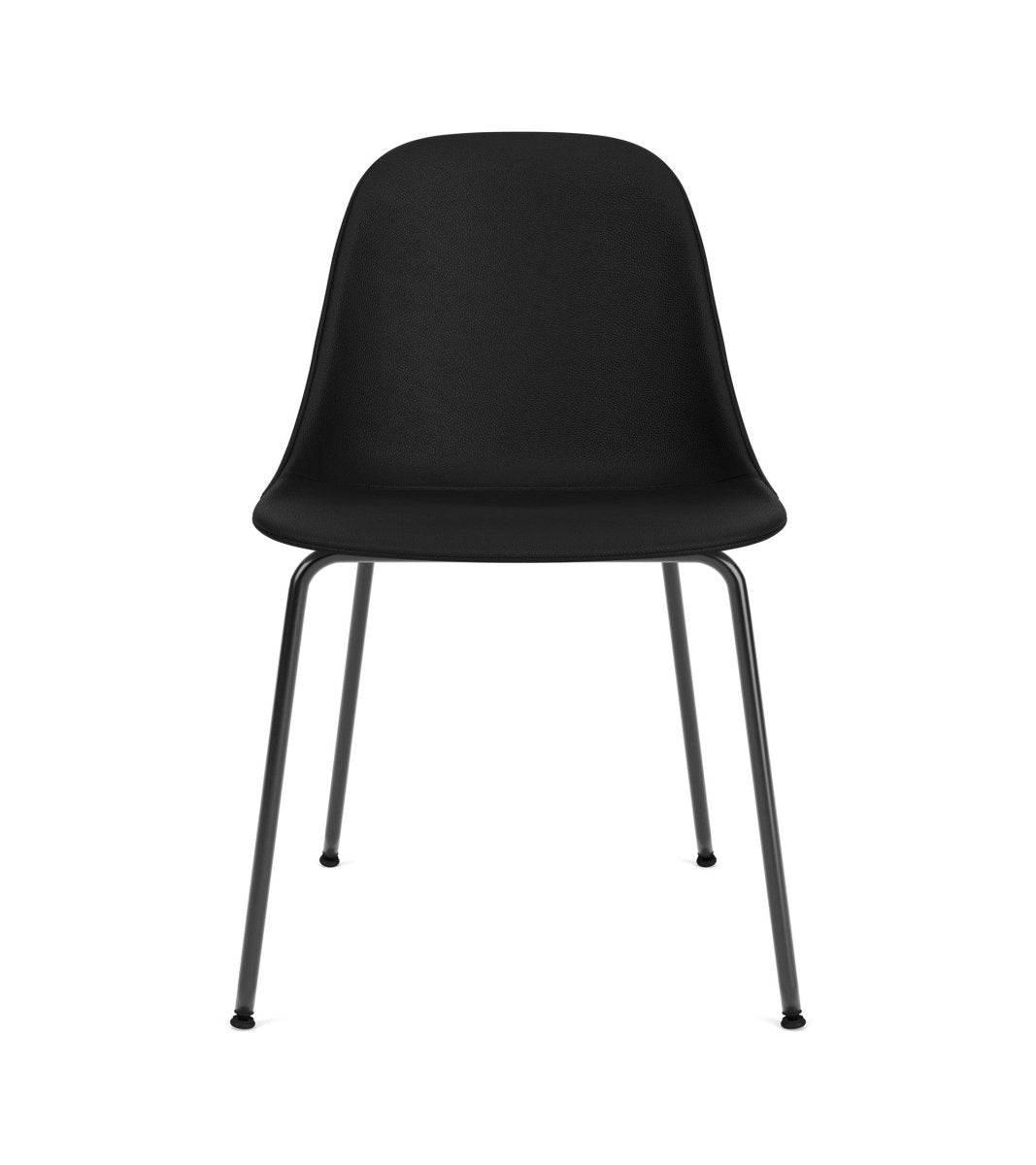 Front view of the black upholstered Harbour Side Chair featuring slender black powder-coated metal legs.