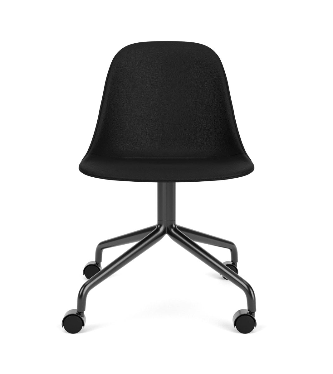 Front view of the black upholstered Harbour Side Chair, featuring a matching black star base with wheels.