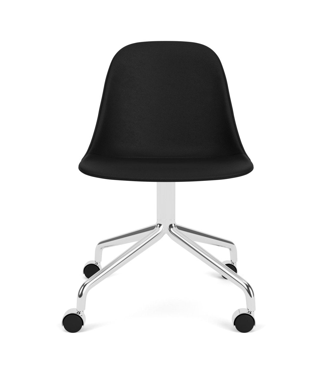 Front view of the Harbour Side Chair with black upholstery and a polished aluminium star base with casters.