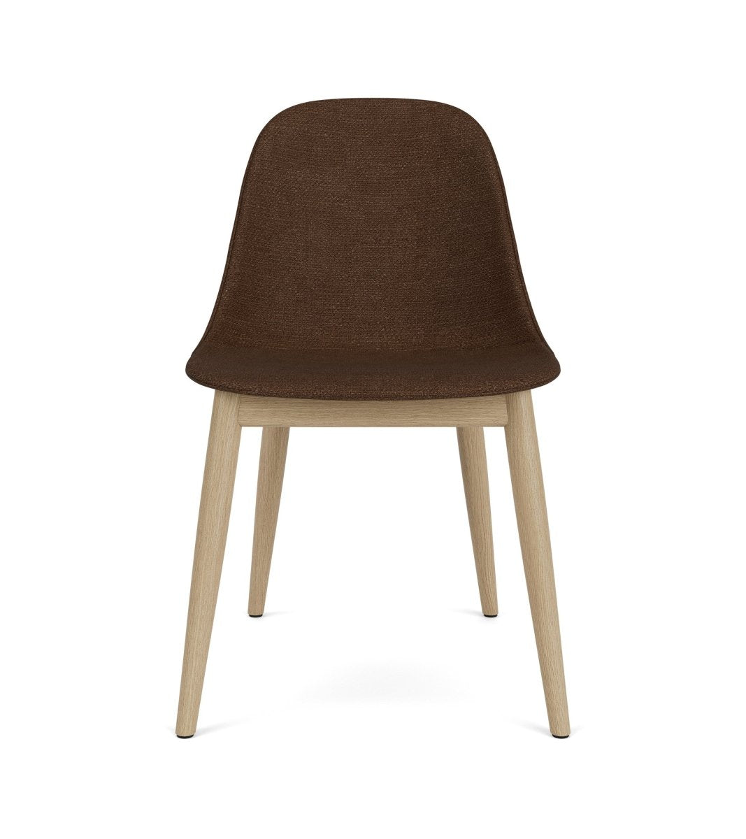 Front view of the Harbour Side Chair, Dining Height, upholstered in dark brown bouclé with a natural oak base.