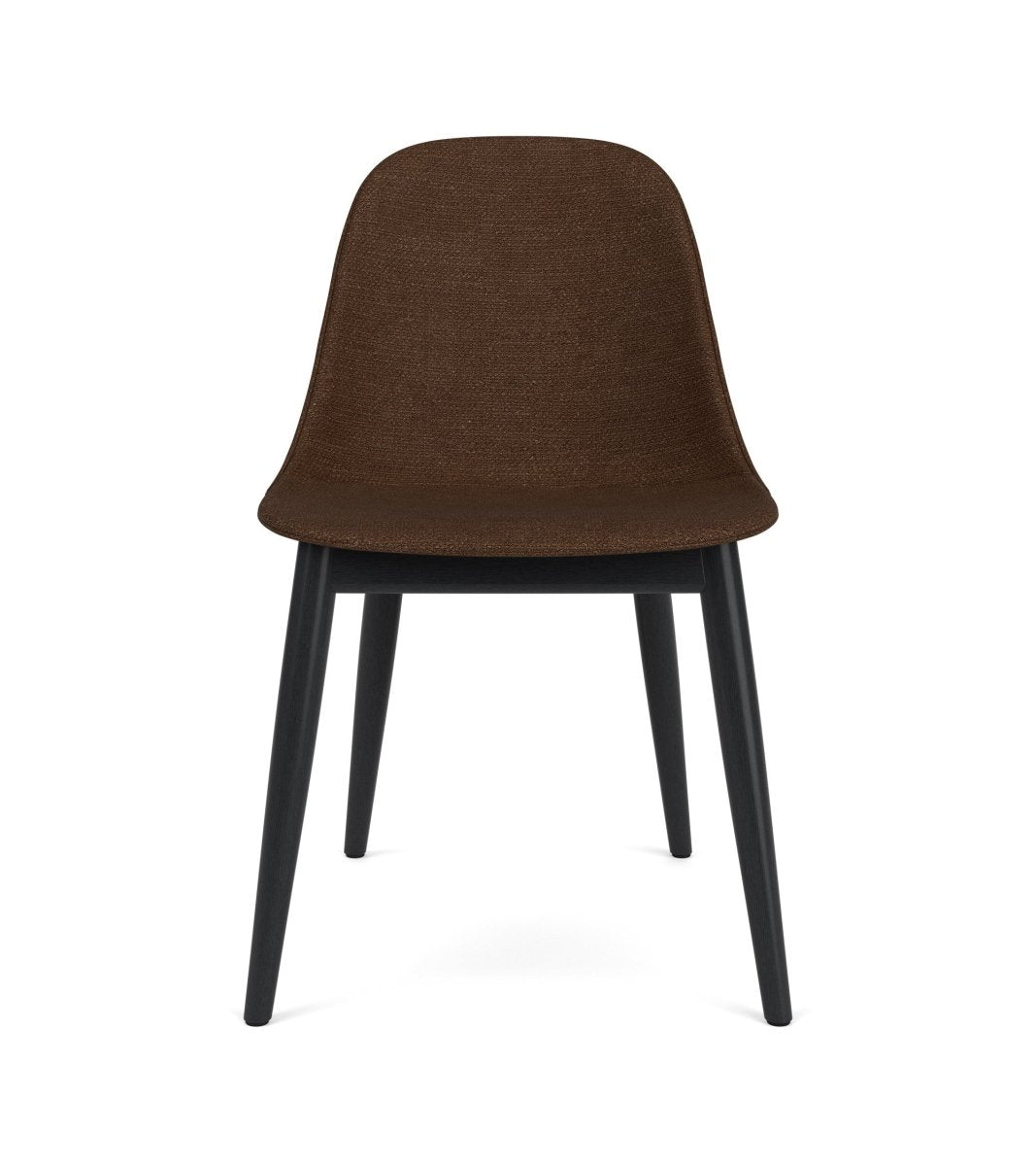 Front view of the Harbour Side Chair featuring dark brown bouclé upholstery and black-painted oak legs.
