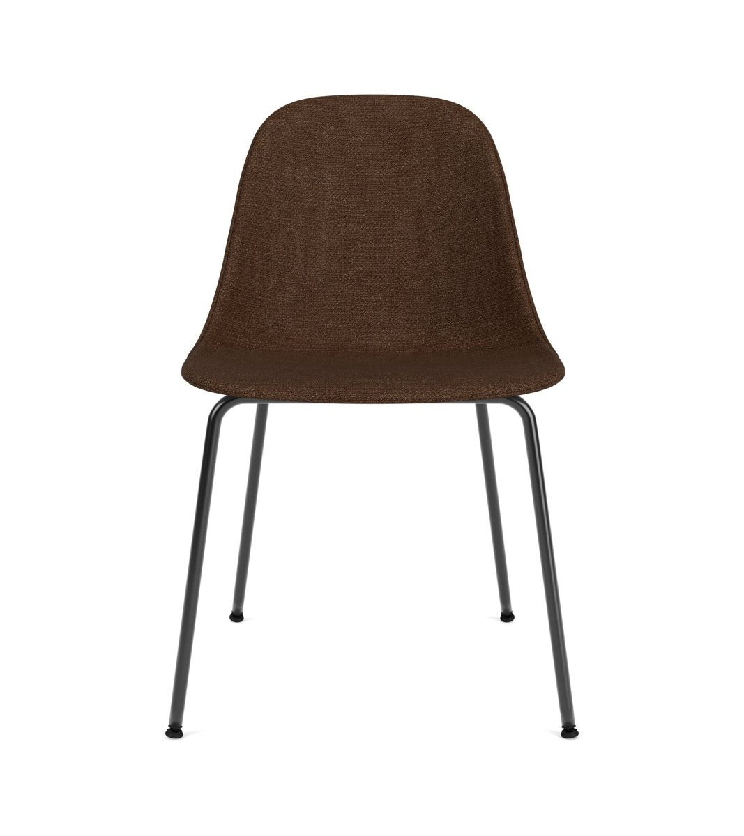 Front view of the Harbour Side Chair, Dining Height, featuring brown bouclé upholstery and black powder-coated steel legs.