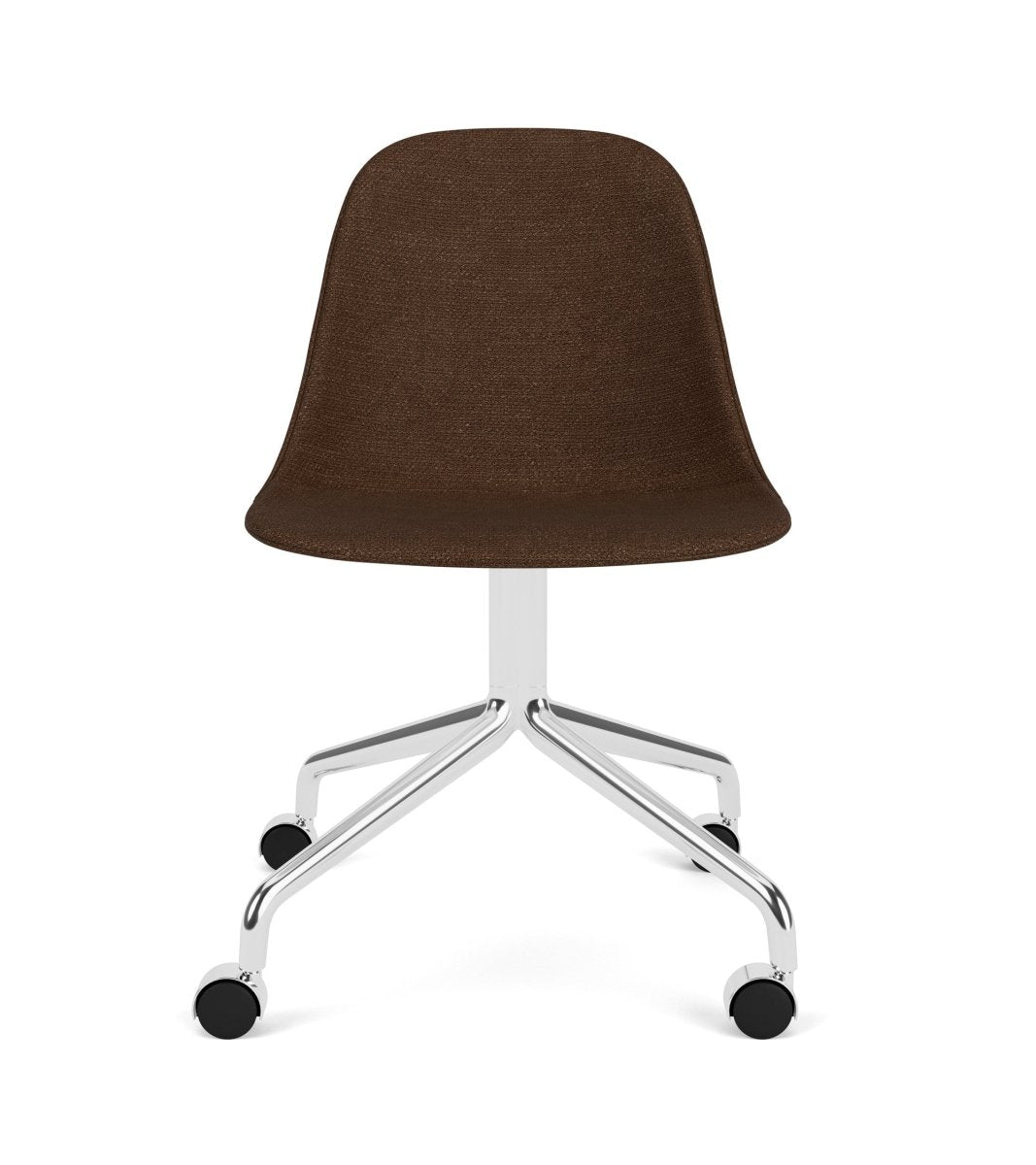 Front view of the Harbour Side Chair featuring brown boucle upholstery and a polished aluminium star base with casters.