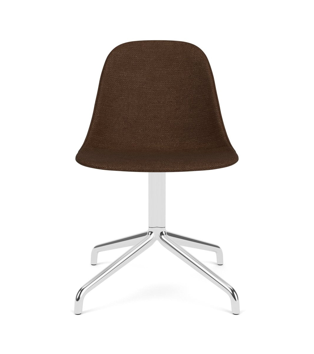 Front view of the Harbour Side Chair upholstered in brown boucle fabric with a polished aluminium star base.