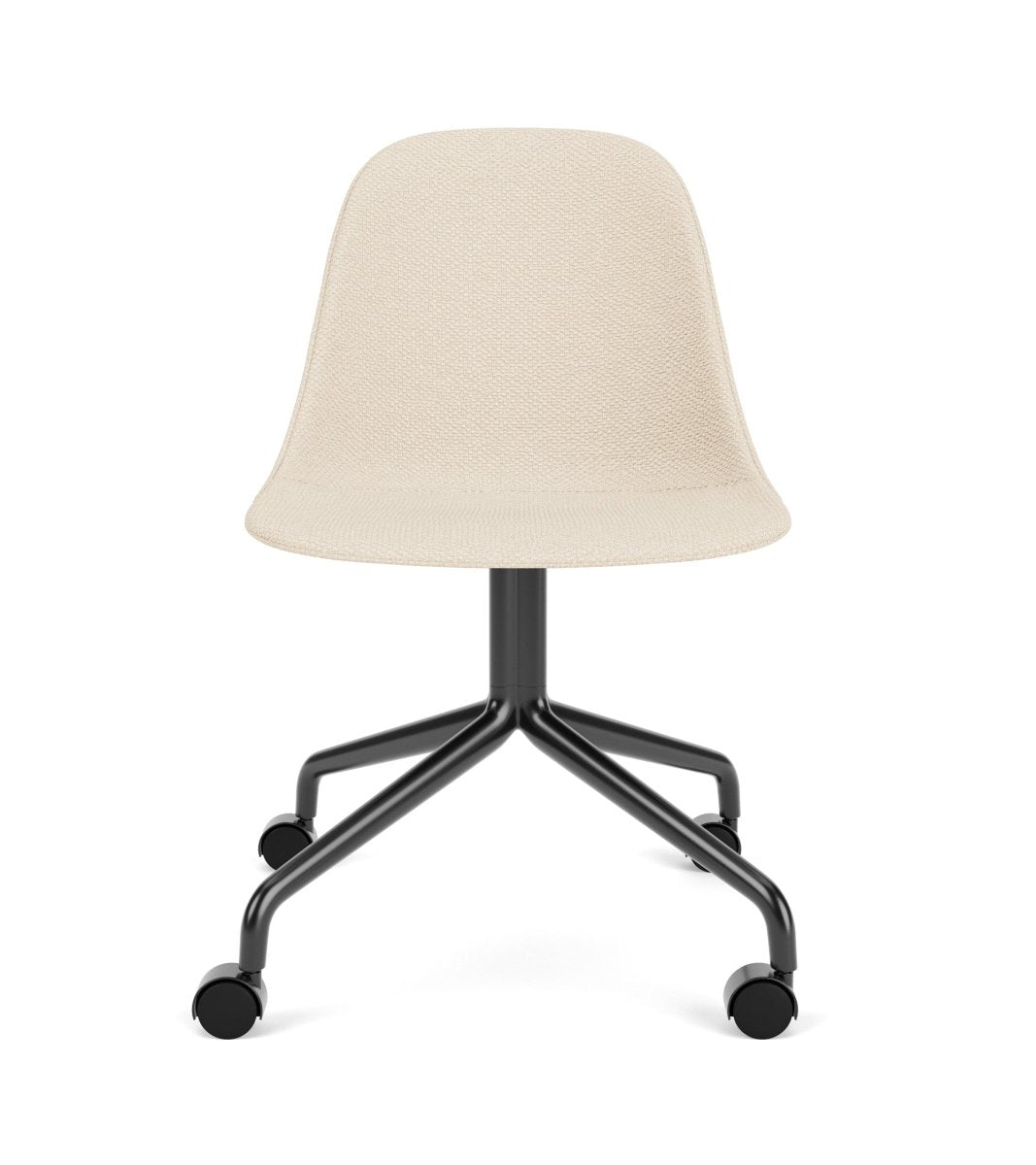 Upholstered Harbour Side Chair in beige Logan Jasmin fabric with a black star base and casters, front view.