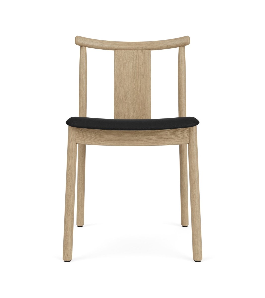 Front view of the Merkur Dining Chair in natural oak with a black Sierra leather upholstered seat and no armrests.