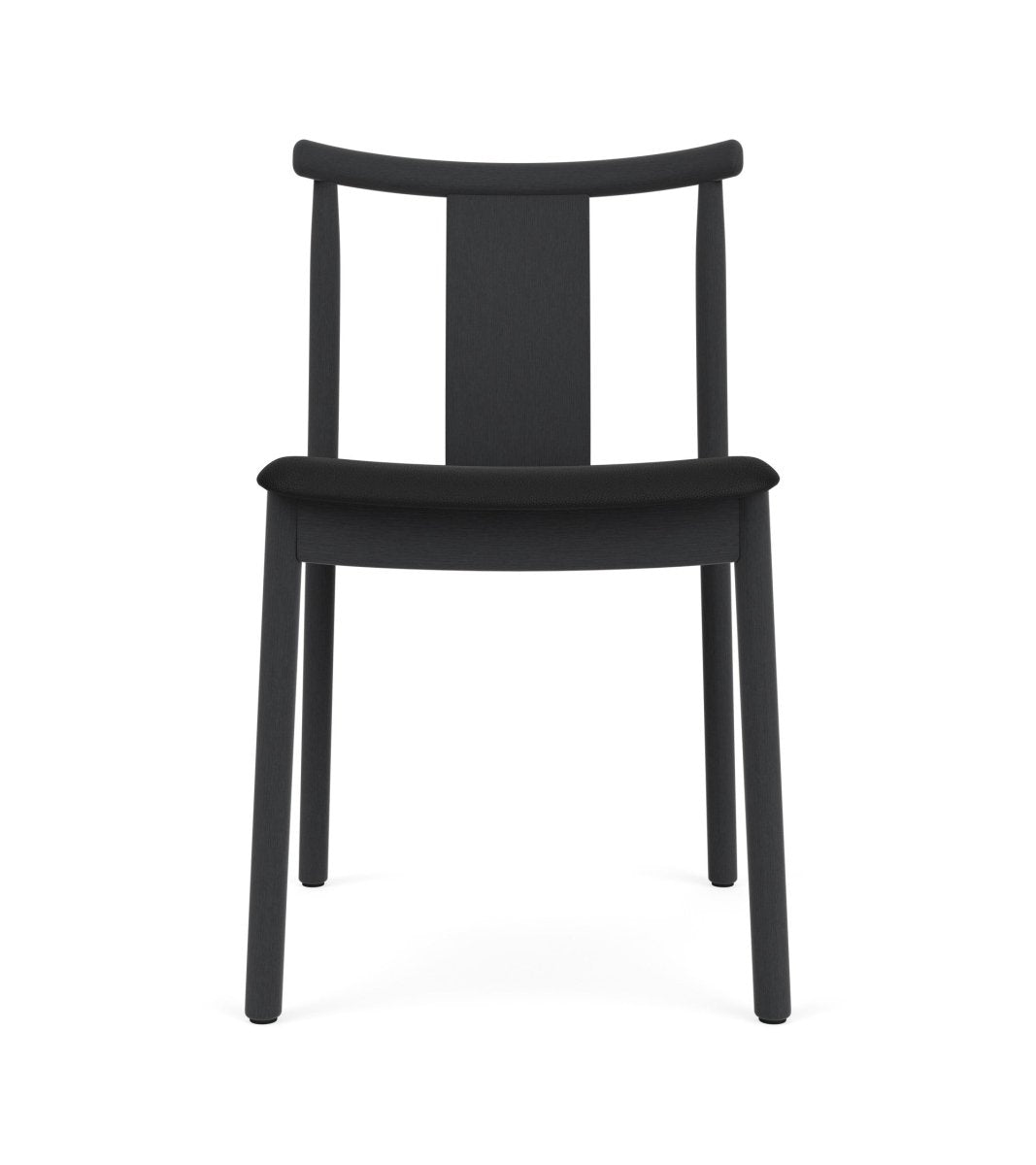 Front view of the Merkur Dining Chair without armrests in black stained oak with black Sierra leather upholstery.