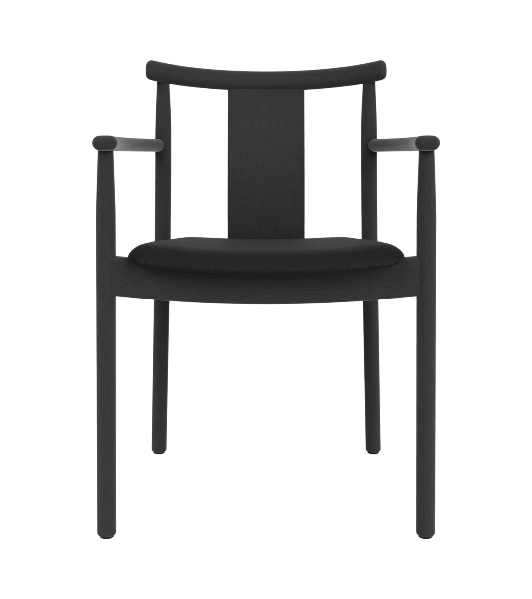 Front view of the Merkur Dining Chair, With Armrests, in black stained oak with a black Sierra leather seat.