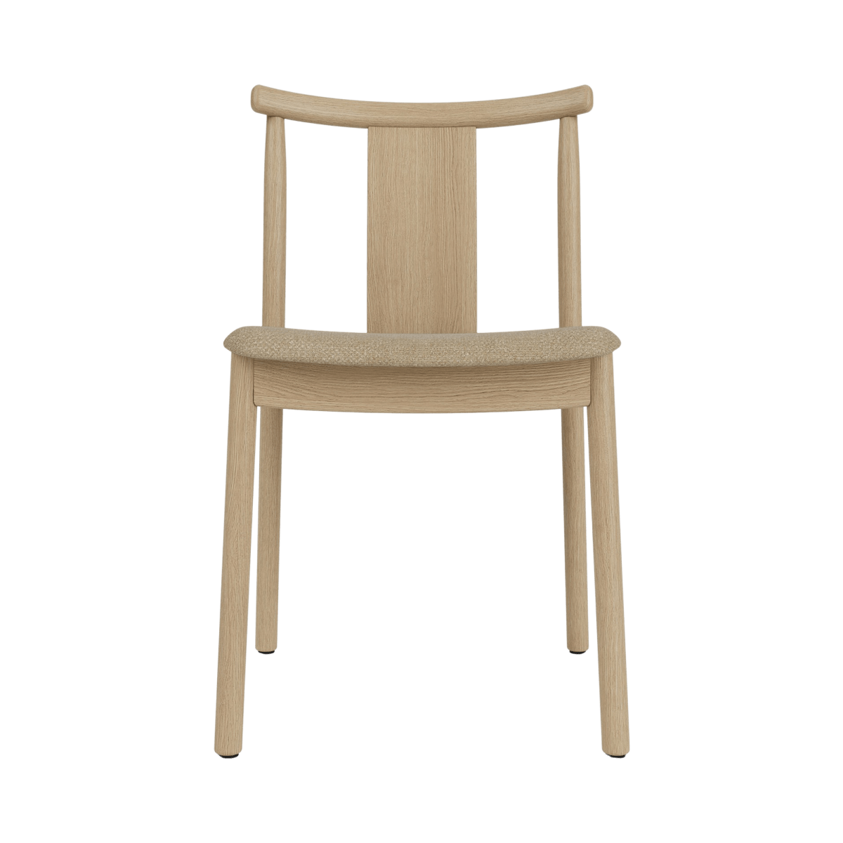 Merkur Dining Chair without armrests in natural oak with a textured Audo Bouclé 02 upholstered seat.