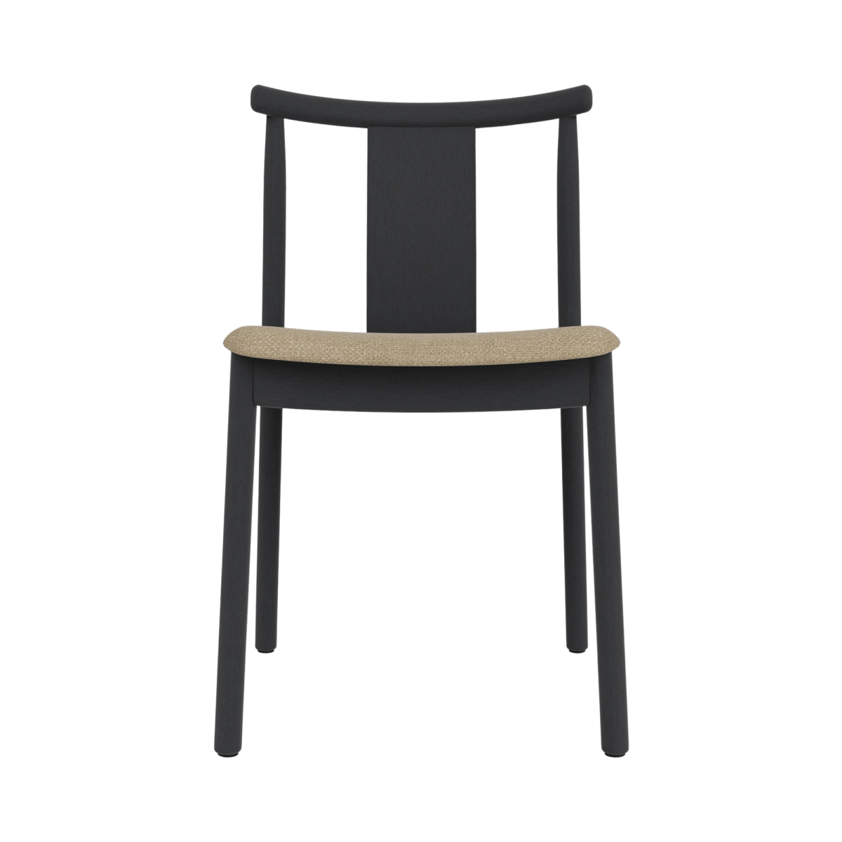 Front view of the Merkur Dining Chair without armrests in black stained oak with Audo Bouclé 02 upholstery.