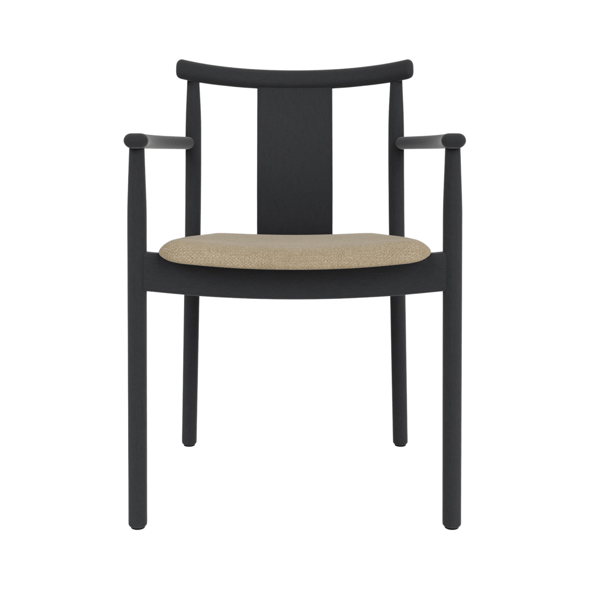 Merkur Dining Chair with Armrests featuring a black-stained oak frame and a textured beige bouclé upholstered seat.