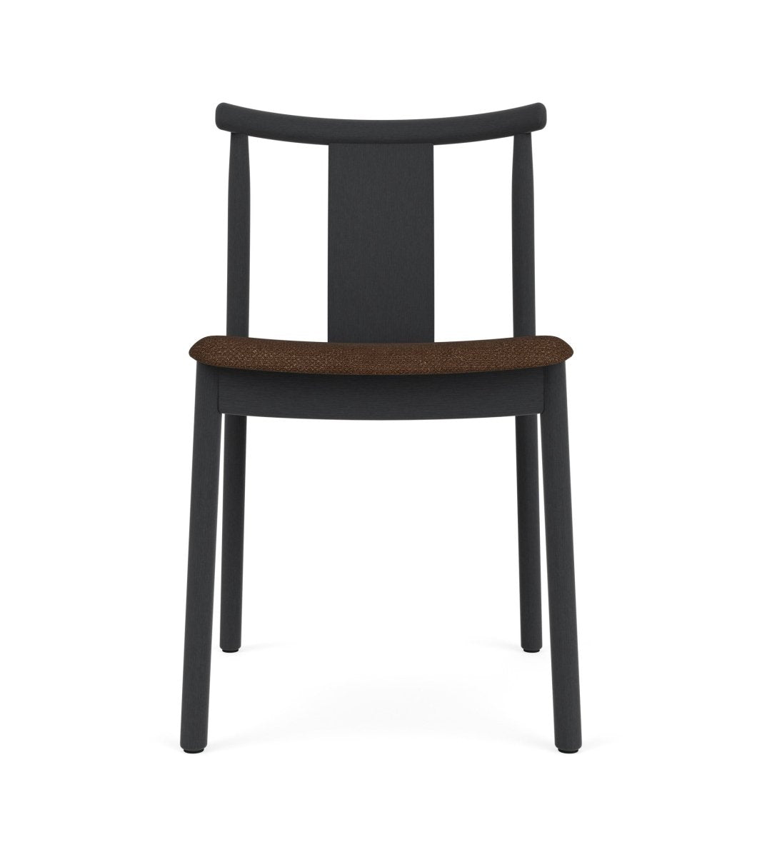 Front view of the Merkur Dining Chair in black stained oak with brown Audo Bouclé 07 upholstery.