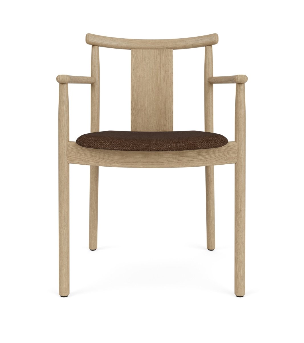 Front view of the Merkur Dining Chair with armrests in natural oak with a dark brown bouclé upholstered seat.