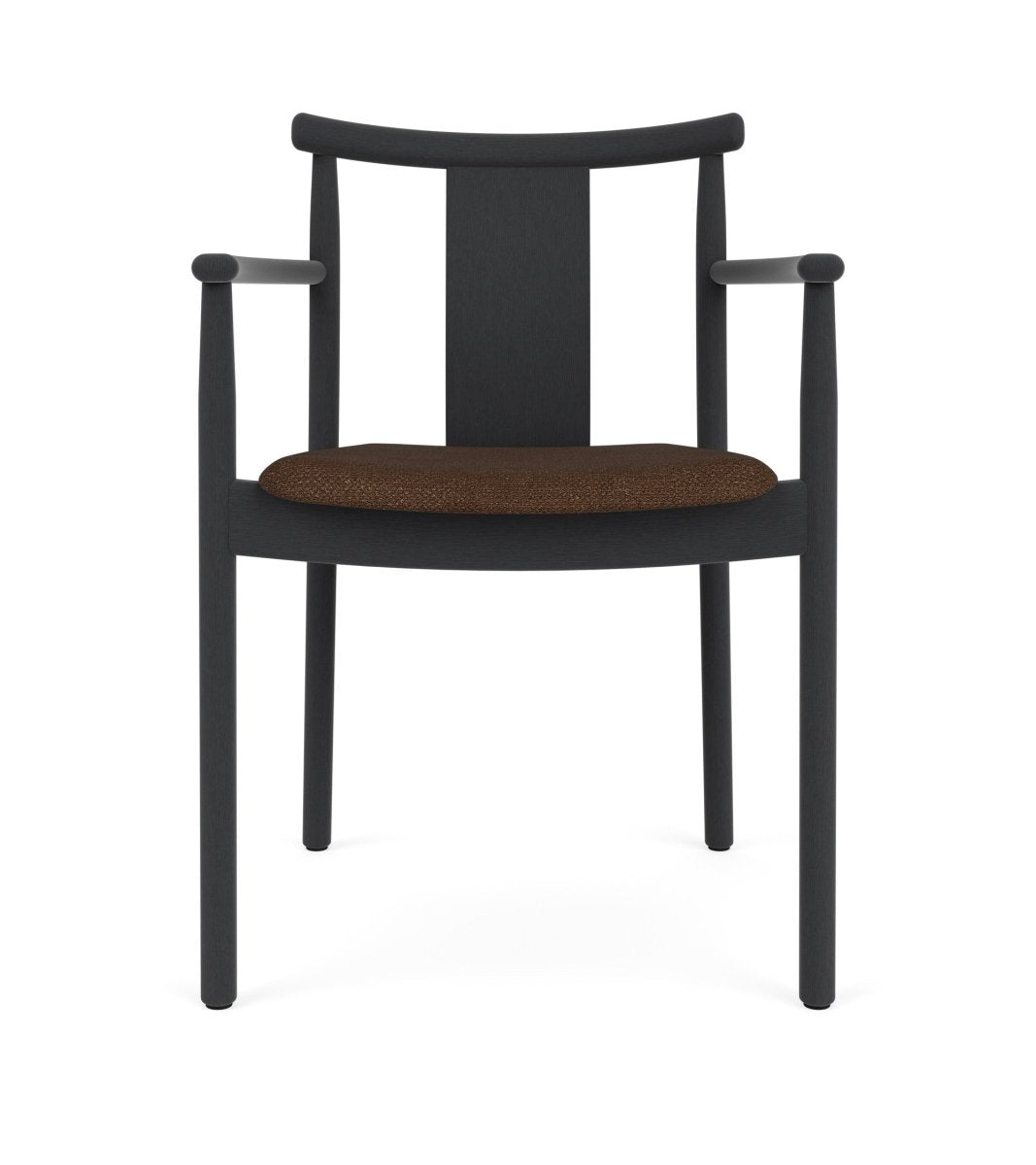 The Merkur Dining Chair with Armrests in black-stained oak with a brown bouclé upholstered seat, seen from the front.