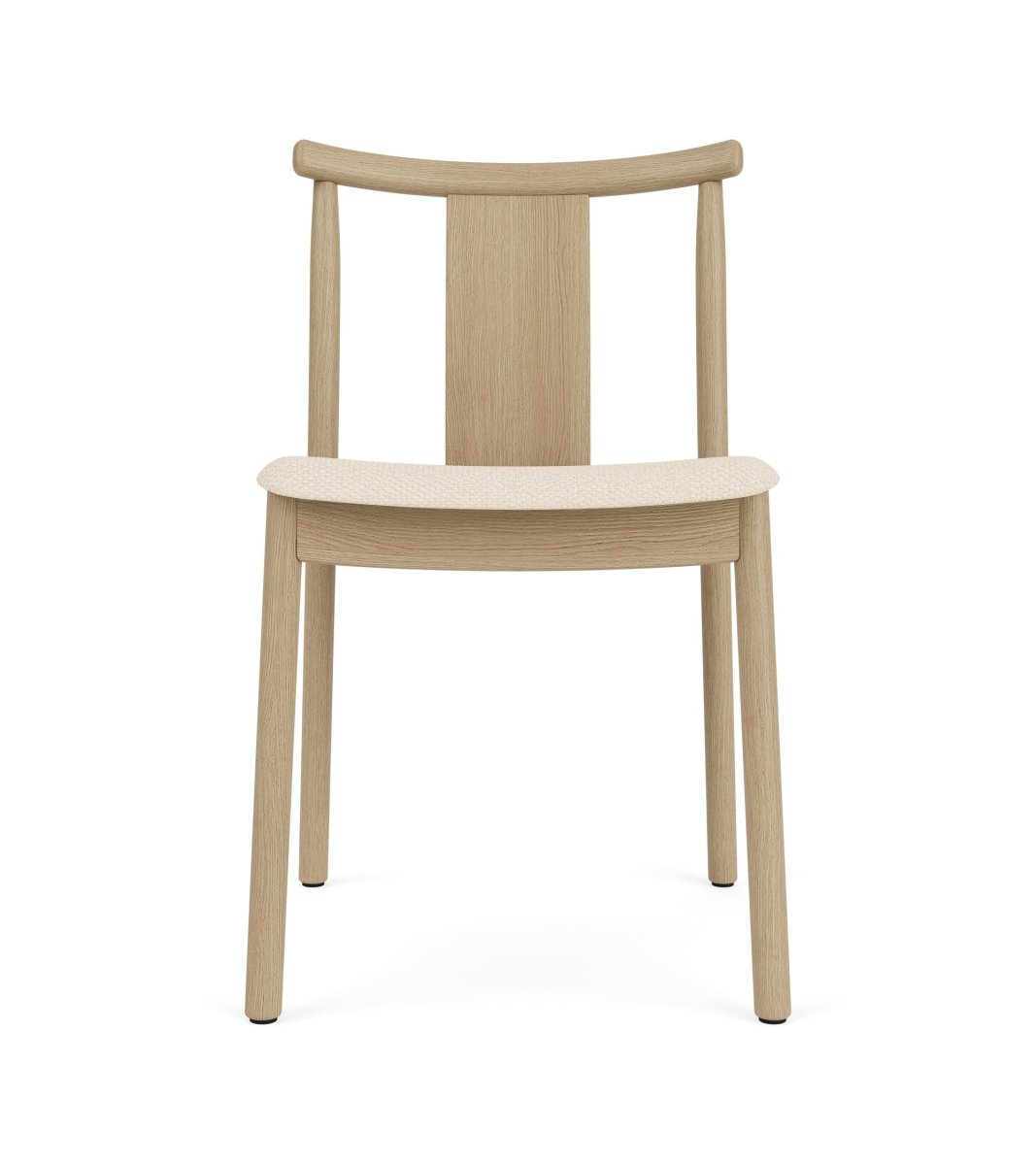 Front view of the Merkur Dining Chair in natural oak with a textured Logan Jasmine upholstered seat.