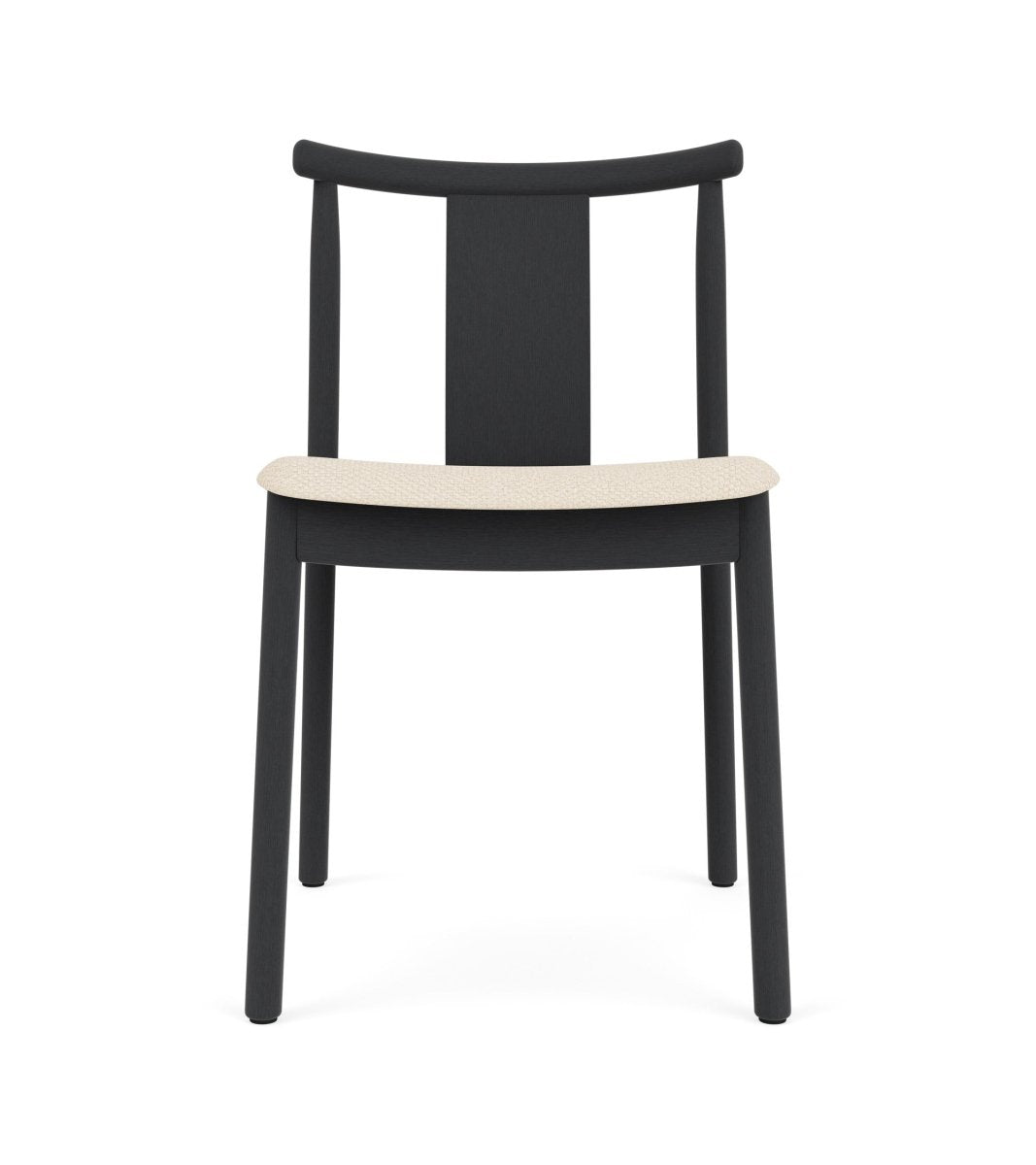 Front view of the Merkur Dining Chair without armrests in black-stained oak with light Logan Jasmin upholstery.