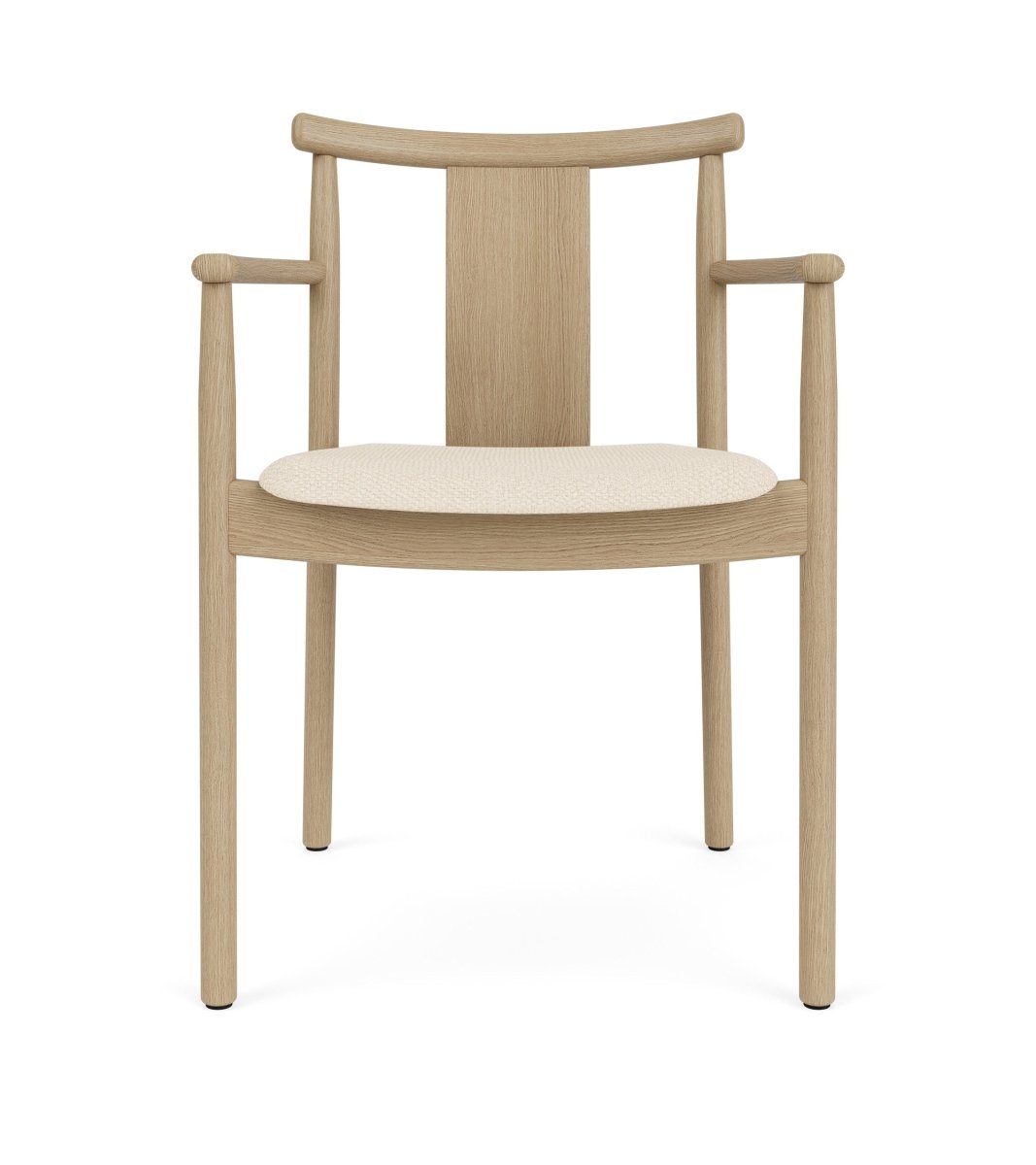 Front view of the Merkur Dining Chair, With Armrests, featuring a natural oak frame and light Logan Jasmin upholstery.