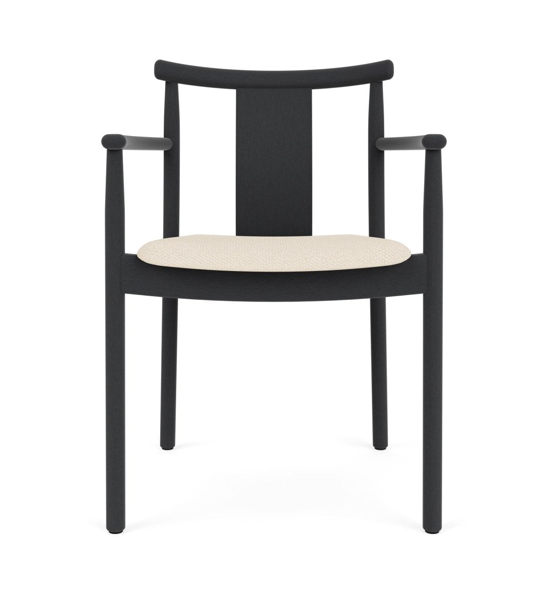 Front view of the Merkur Dining Chair With Armrests in black stained oak with a light Logan Jasmin upholstered seat.
