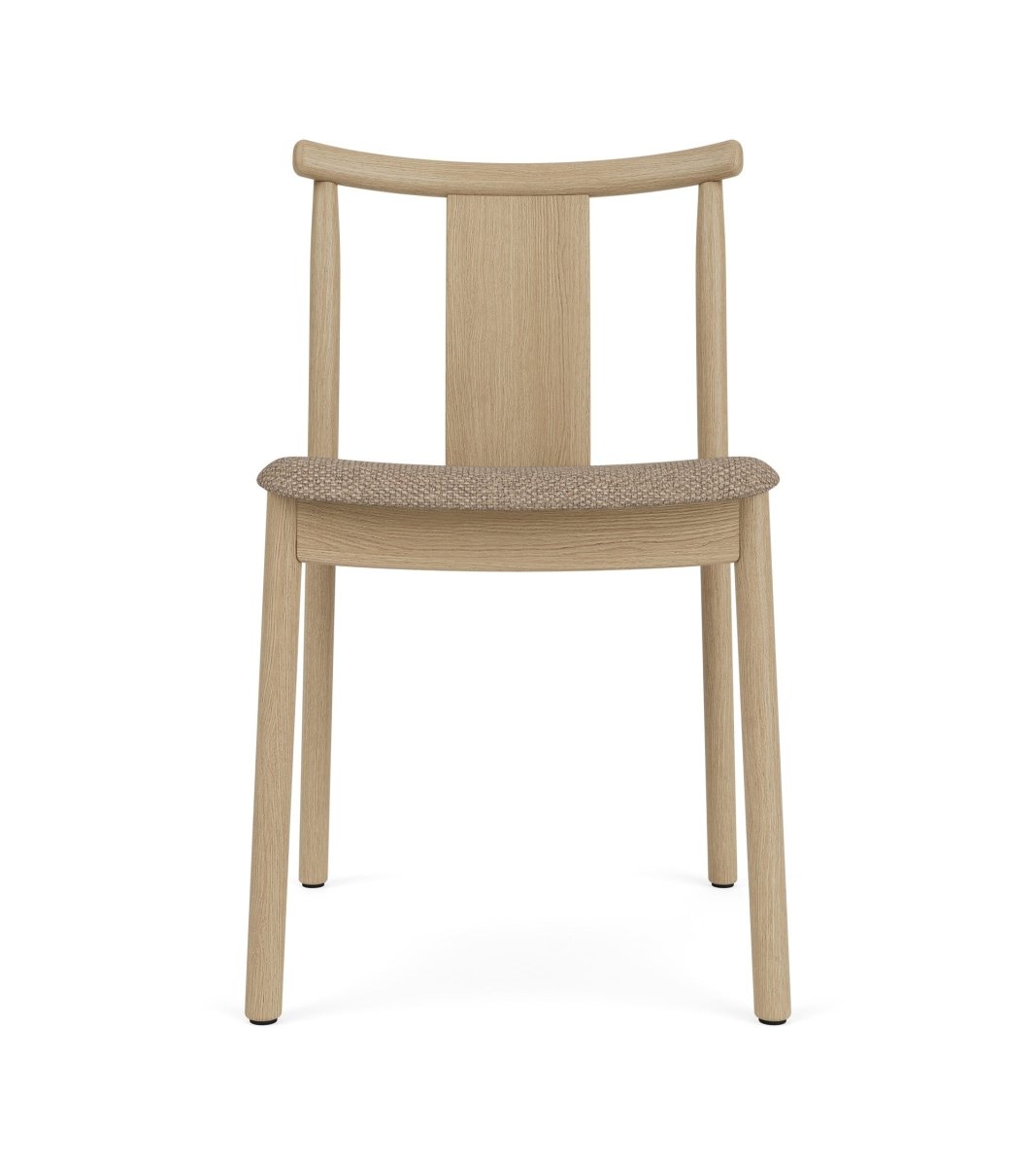 Front view of the Merkur Dining Chair, Without Armrests, in natural oak with a textured Logan Flint upholstered seat.