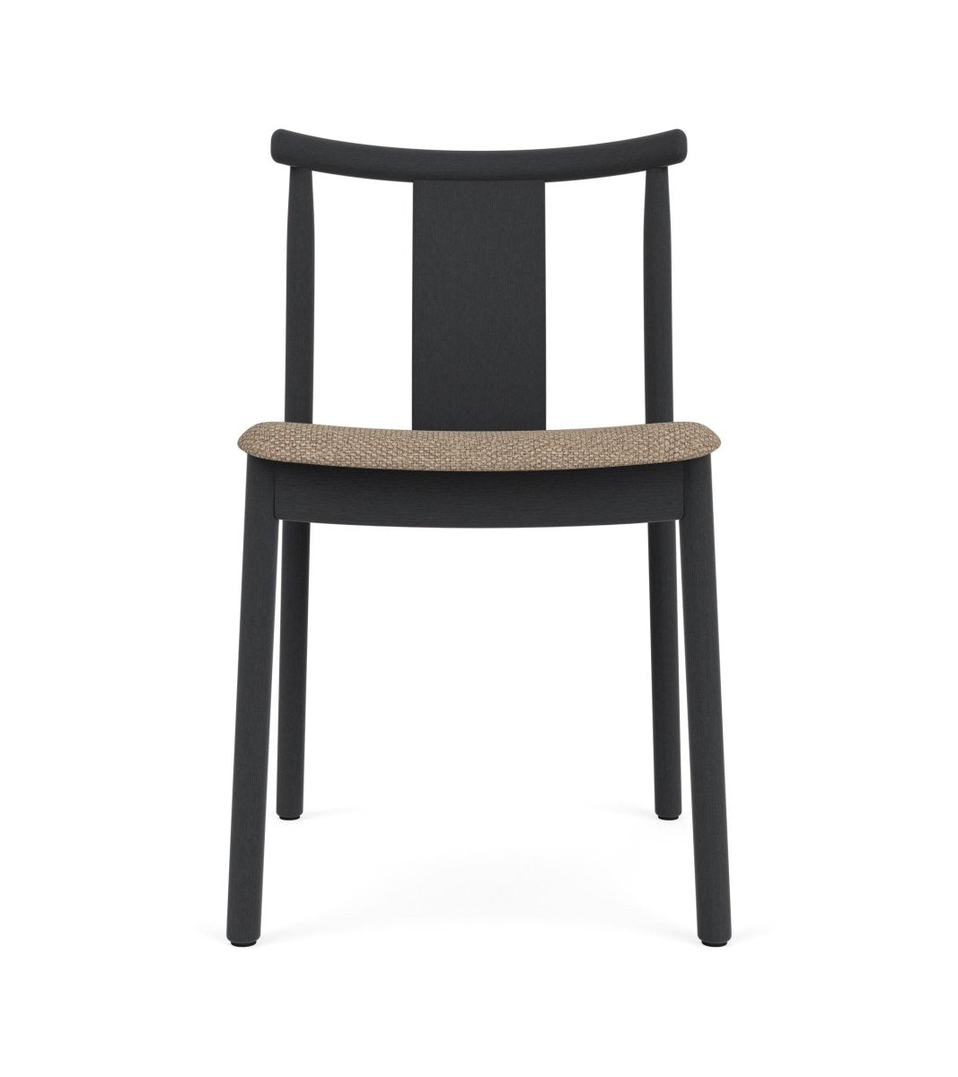 Front view of the Merkur Dining Chair in black stained oak with a textured Logan Flint upholstered seat.