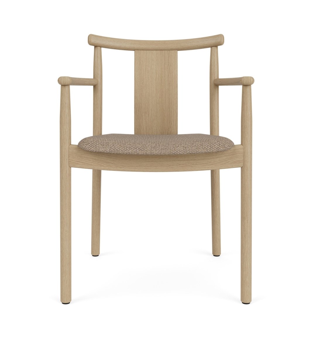 Front view of the Merkur Dining Chair with armrests, crafted in natural oak with a Logan Flint upholstered seat.