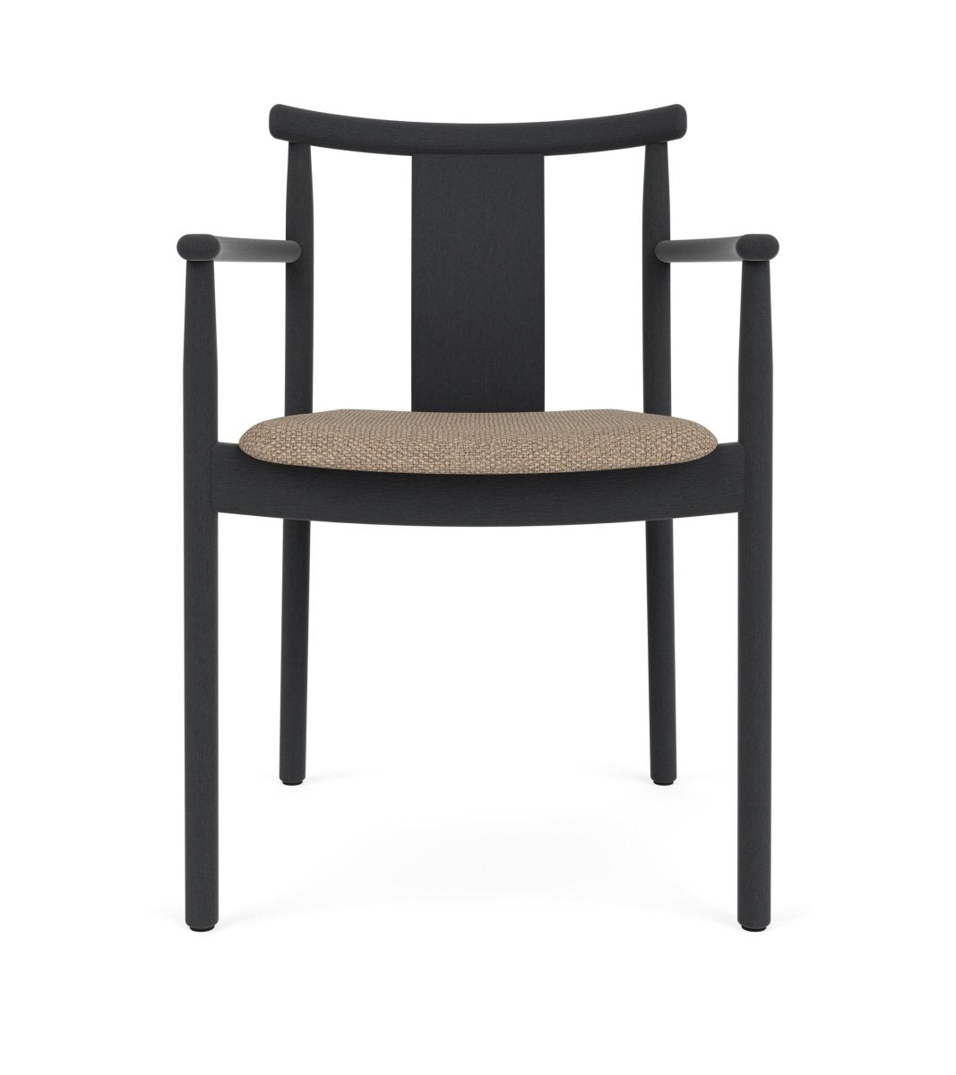 Front view of the Merkur Dining Chair With Armrests in black-stained oak with a textured Logan Flint upholstered seat.