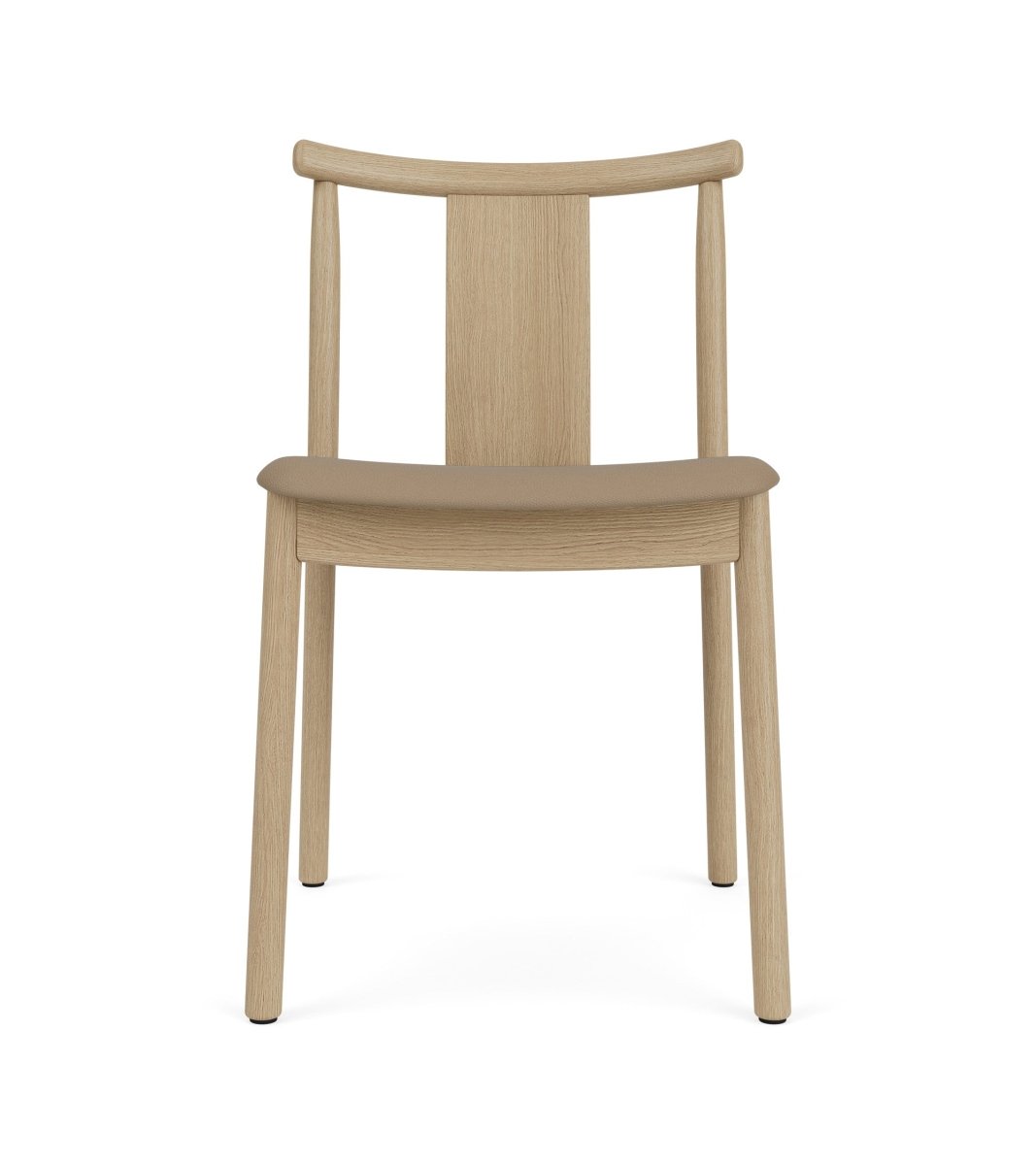 Front view of the Merkur Dining Chair, Without Armrests, featuring a natural oak frame and tan Sierra 1611 seat.