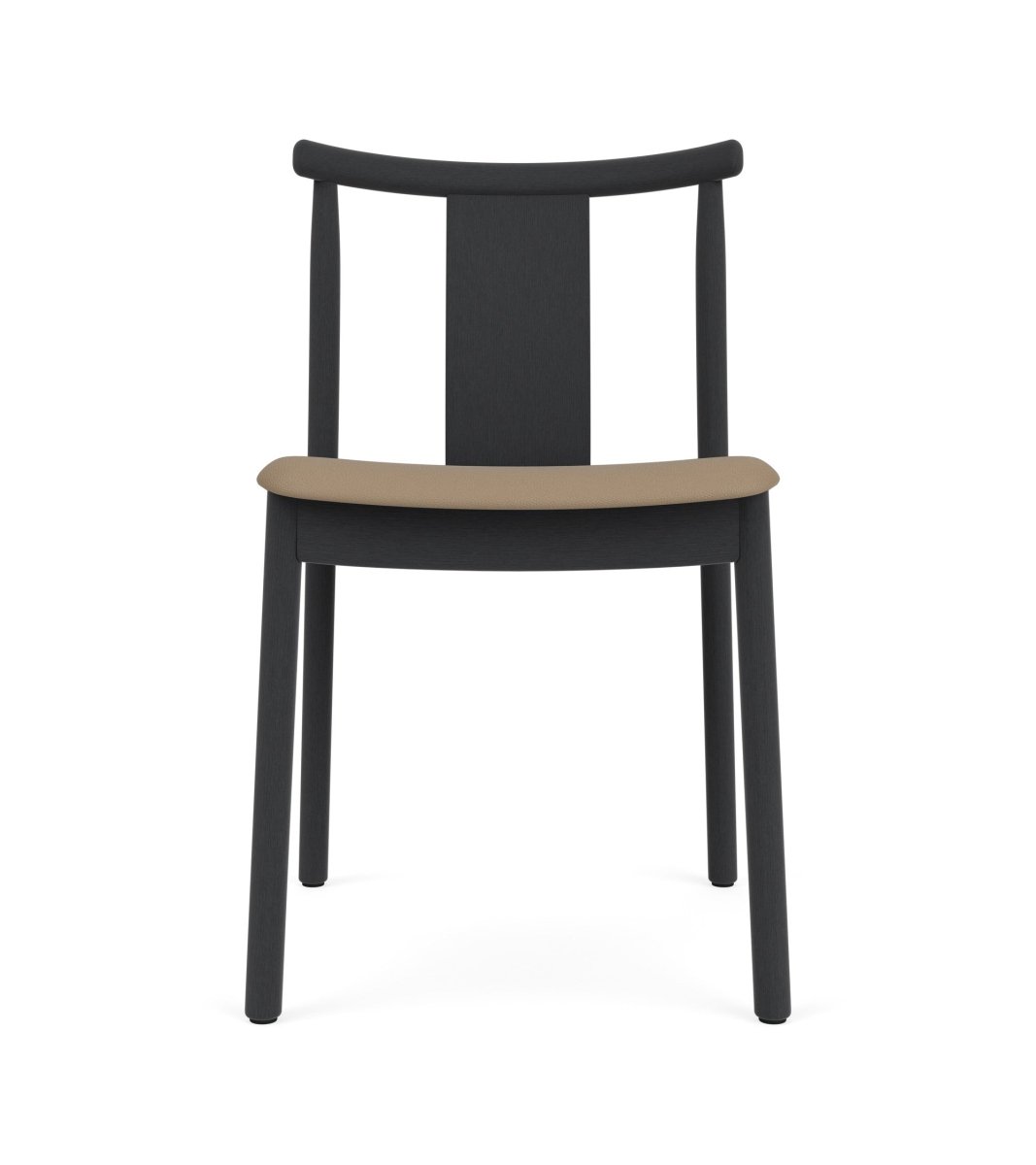 Front view of the Merkur Dining Chair, Without Armrests, in black stained oak and tan Sierra 1611 leather.