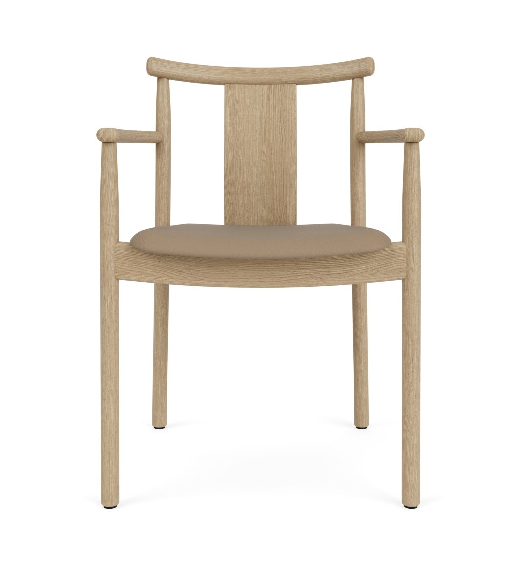 Front view of the Merkur Dining Chair with armrests, featuring a natural oak frame and tan Sierra upholstered seat.
