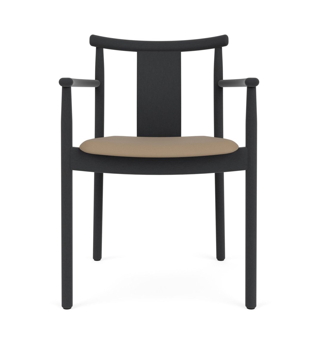 Front view of the Merkur Dining Chair, With Armrests, in black stained oak with a tan sierra leather seat.