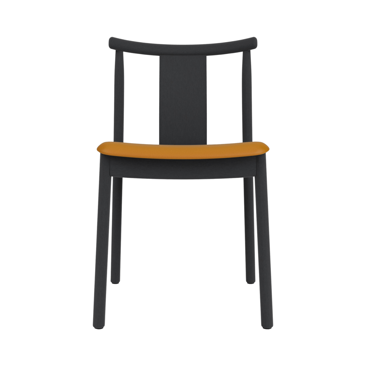 Front view of the Merkur Dining Chair without armrests in black stained oak and tan Dakar 0250 leather.
