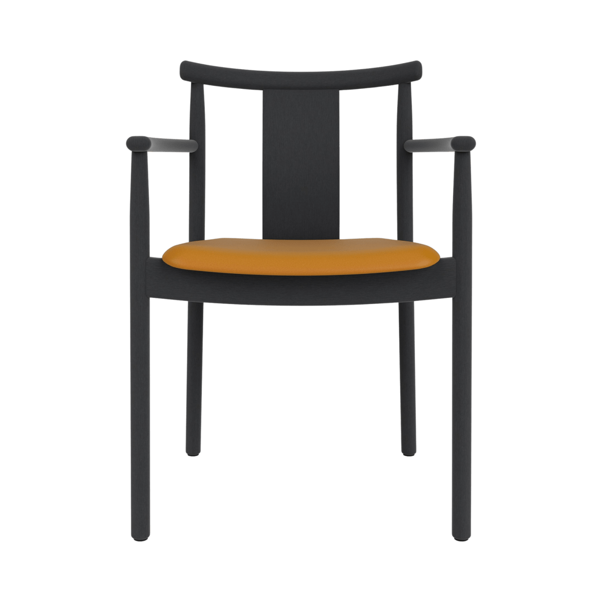 Merkur Dining Chair With Armrests in black-stained oak and tan Dakar 0250 leather upholstery, seen from the front.