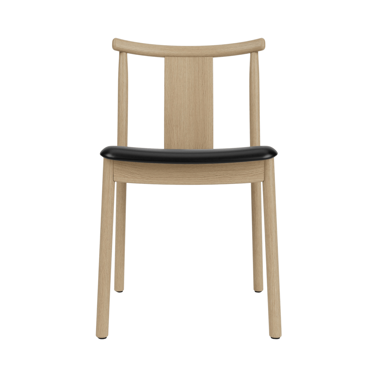 Front view of the Merkur Dining Chair, Without Armrests, with a natural oak frame and a black upholstered seat.