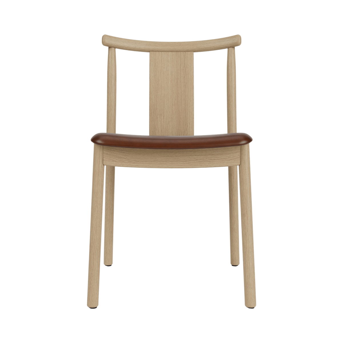 Front view of the Merkur Dining Chair, Without Armrests, in natural oak with a brown leather upholstered seat.