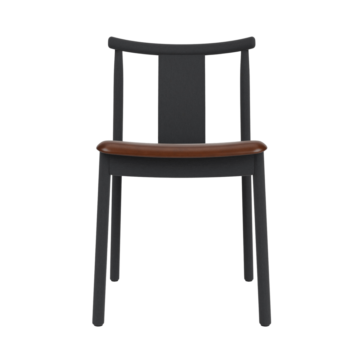 Merkur Dining Chair without armrests, featuring a black oak frame and a brown leather upholstered seat.