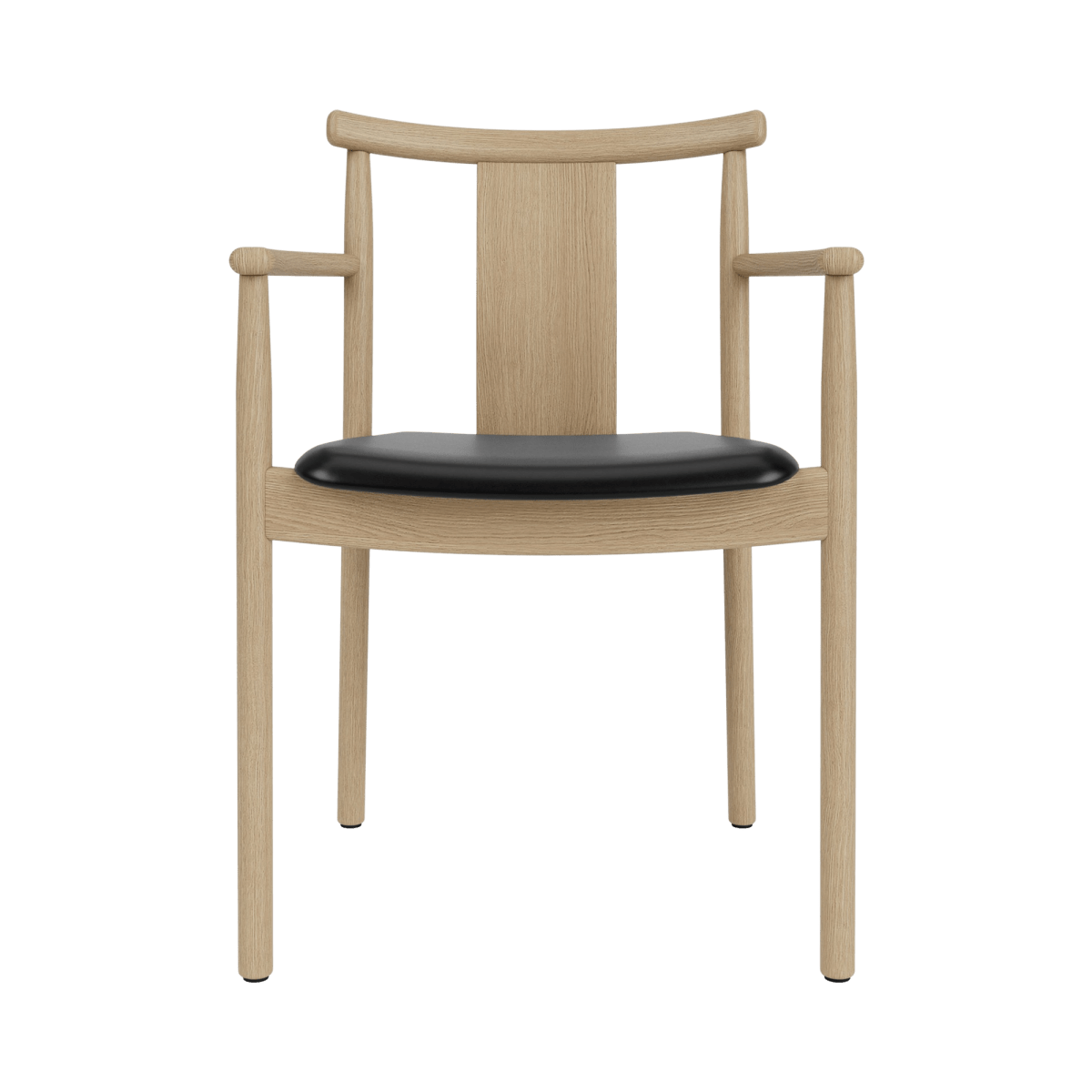 Merkur Dining Chair with Armrests seen from the front, featuring a natural oak frame and a black leather upholstered seat.