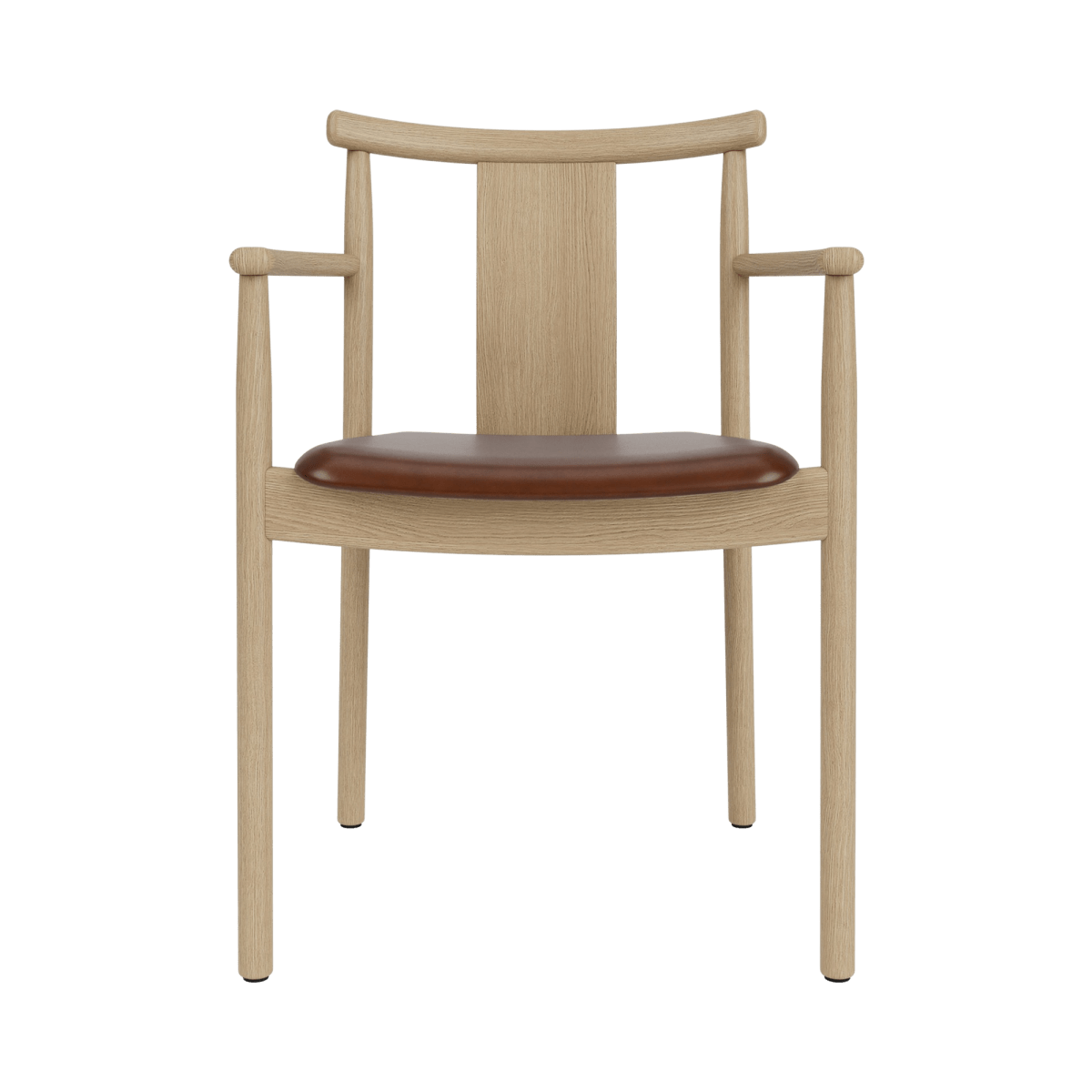 Merkur Dining Chair With Armrests in light oak with a brown leather seat, shown from the front.