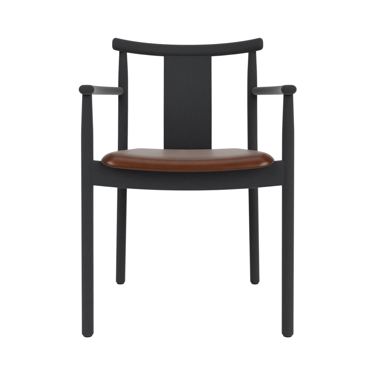 Front view of the Merkur Dining Chair with armrests, featuring a black stained oak frame and a brown leather seat.