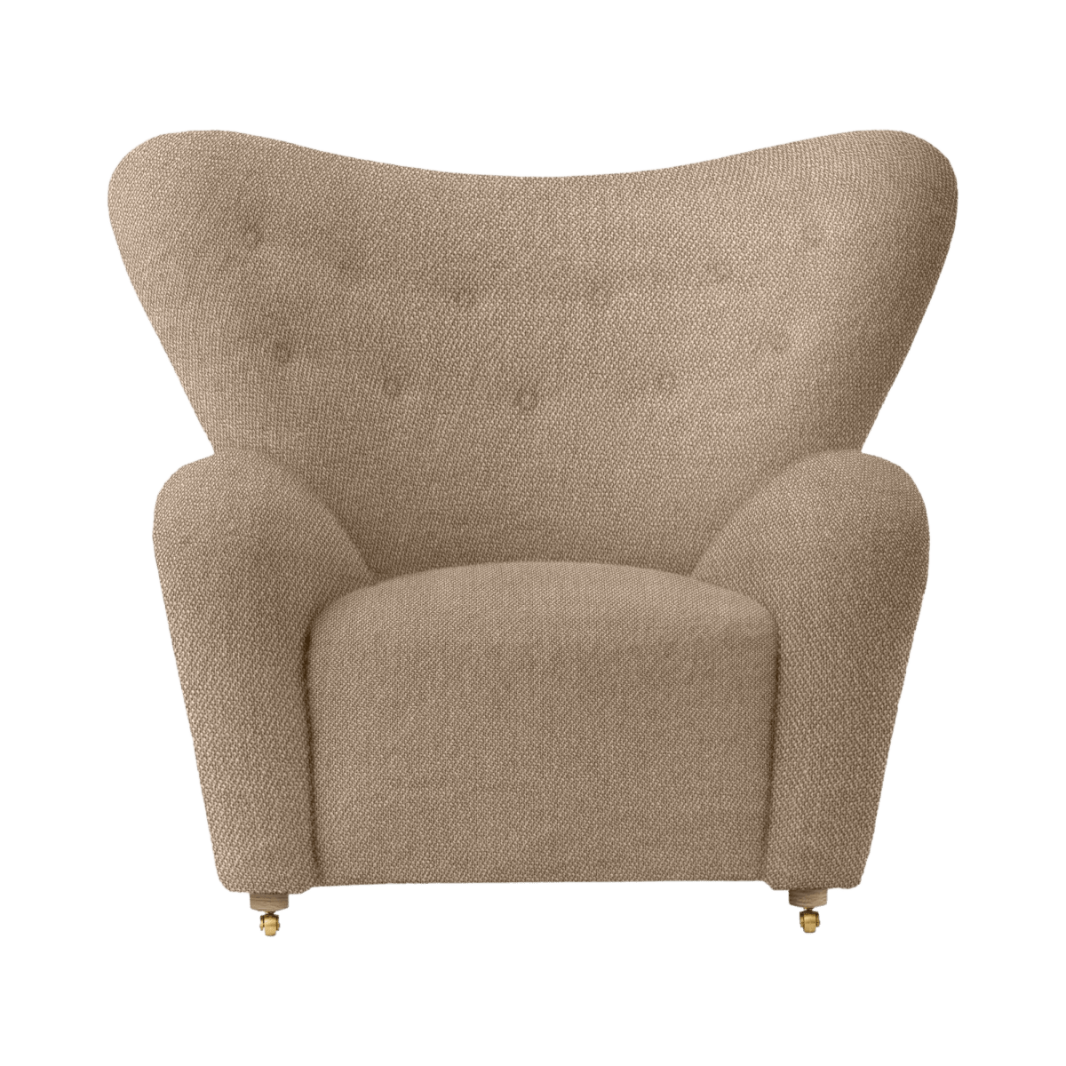 Front view of The Tired Man Lounge Chair upholstered in textured beige Baena fabric with a wide winged backrest.