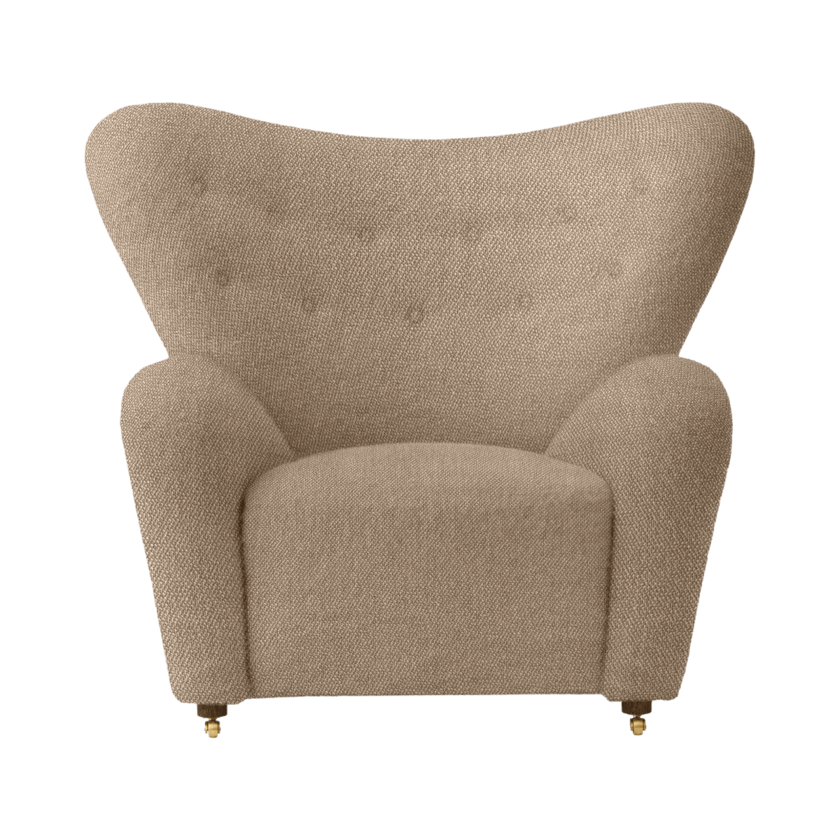 Front view of The Tired Man Lounge Chair upholstered in beige Baena fabric, featuring a high winged back.