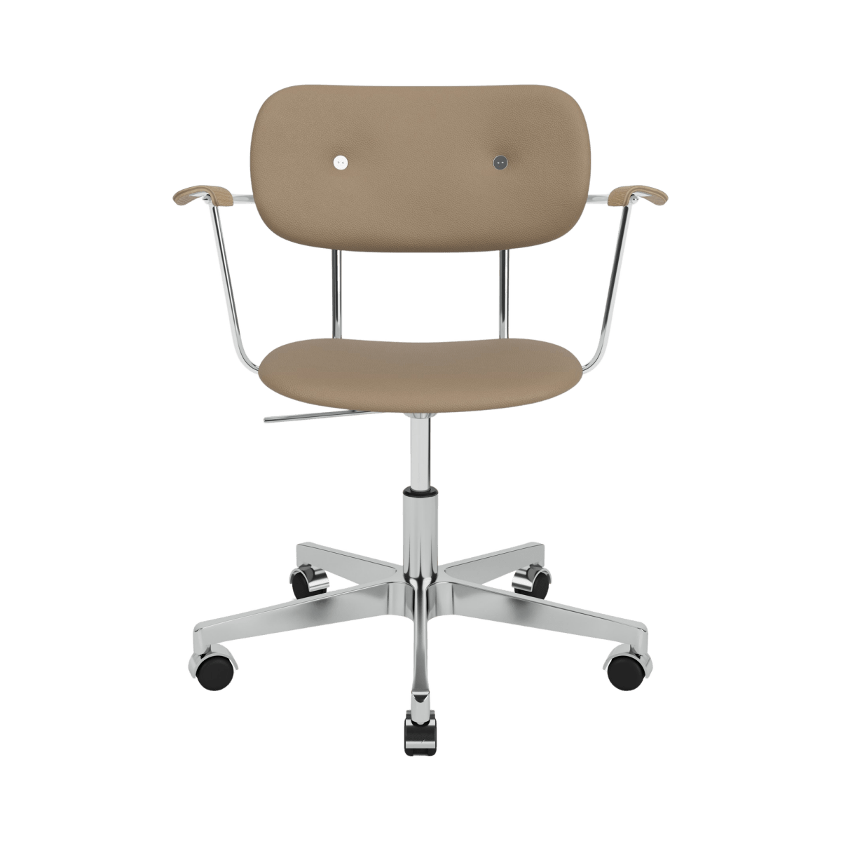 Co Task Chair with arms in tan Sierra leather, featuring a chrome swivel base and natural oak armrests.