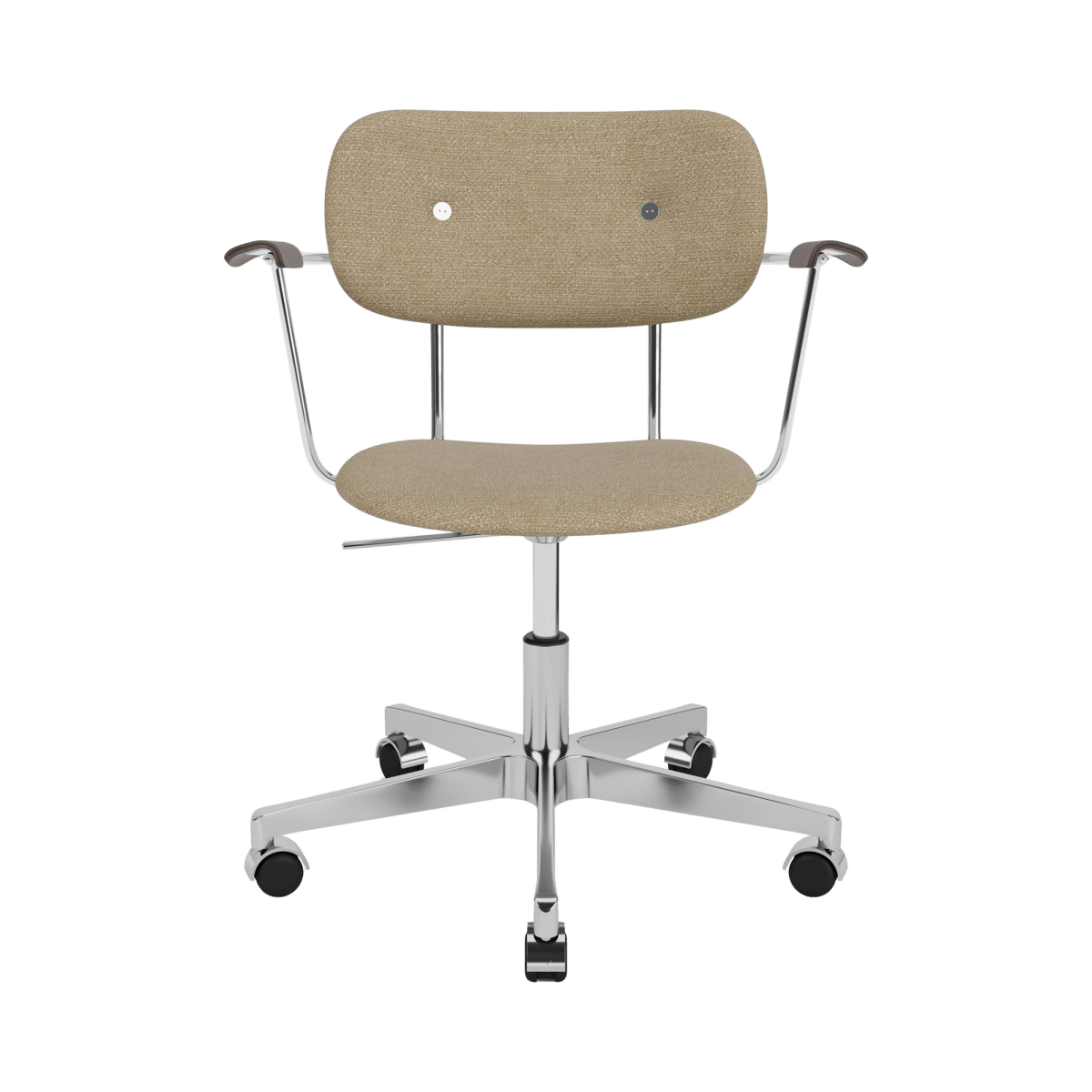 Fully upholstered Co Task Chair in beige Audo Bouclé 02 with dark stained oak arms and a chrome swivel base with casters.