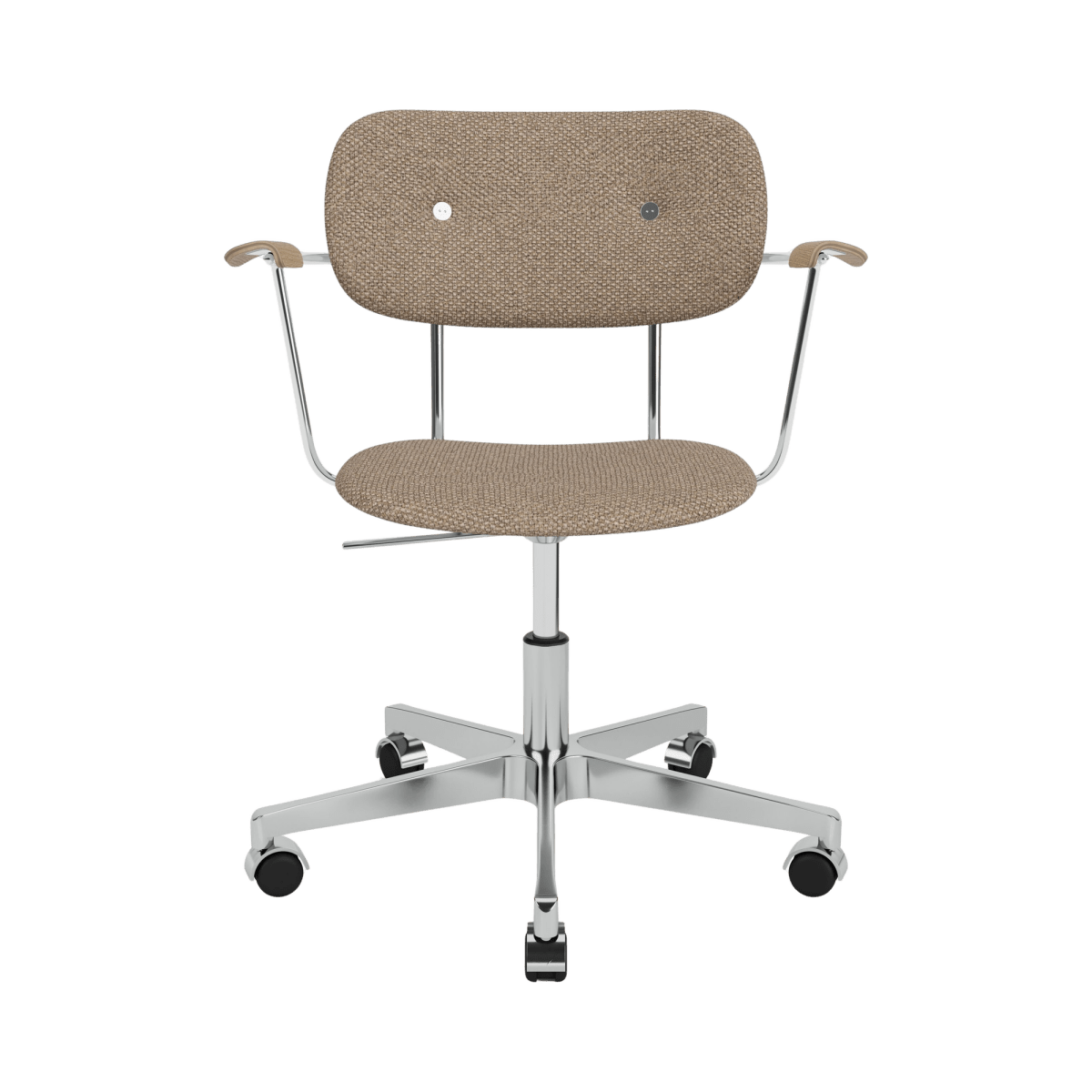 Co Task Chair with Arms in Logan Flint upholstery, featuring natural oak armrests and a polished chrome swivel base.