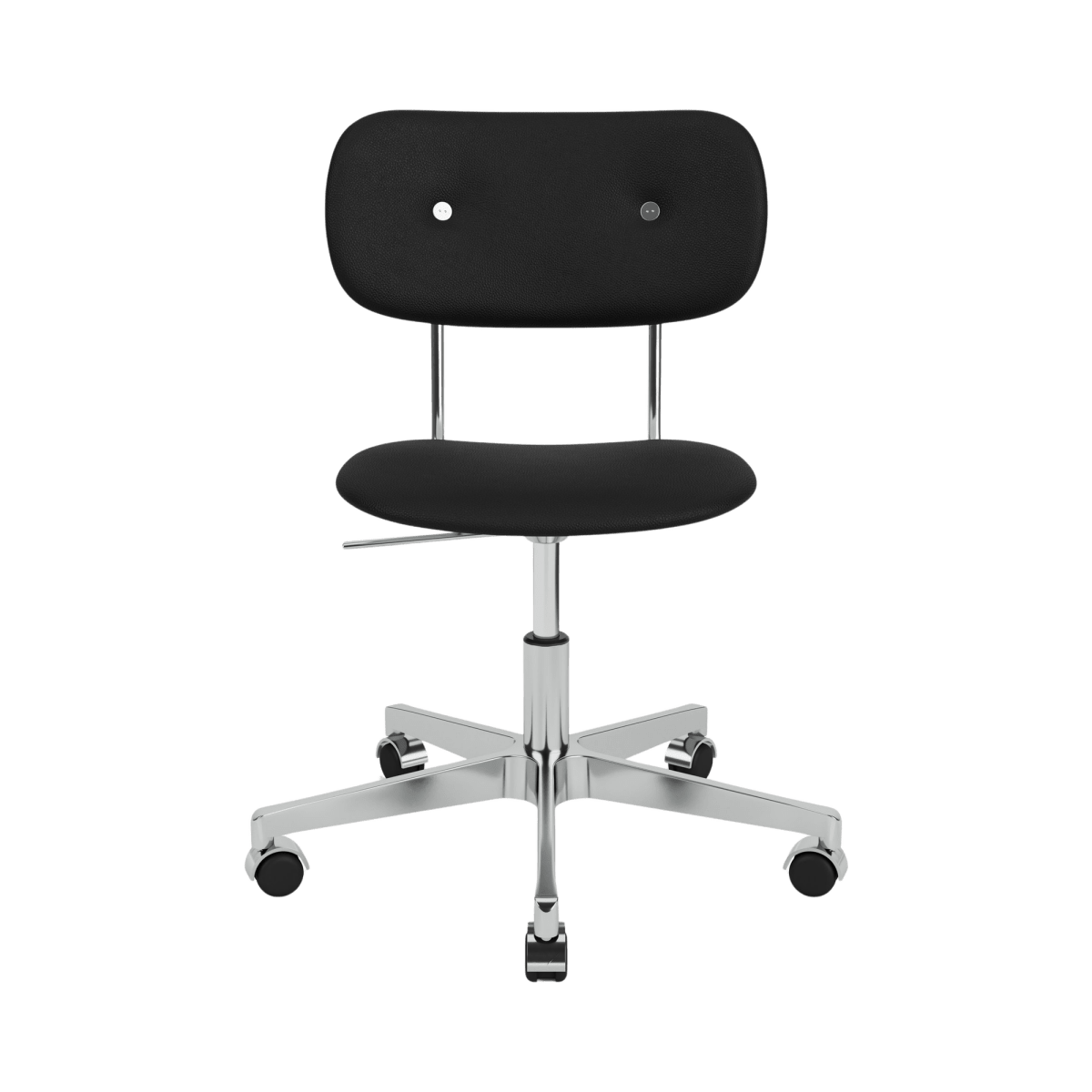 Co Task Chair, Fully Upholstered, in black Sierra leather with a chrome swivel base and casters, seen from the front.