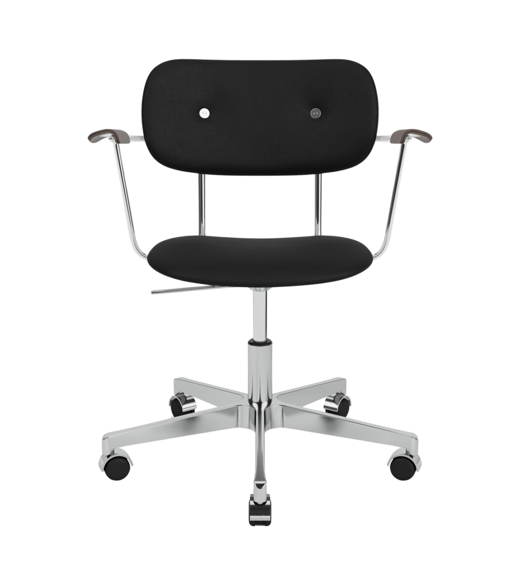 Fully upholstered Co Task Chair with black Sierra 1001 leather, dark stained oak armrests, and a polished chrome base.