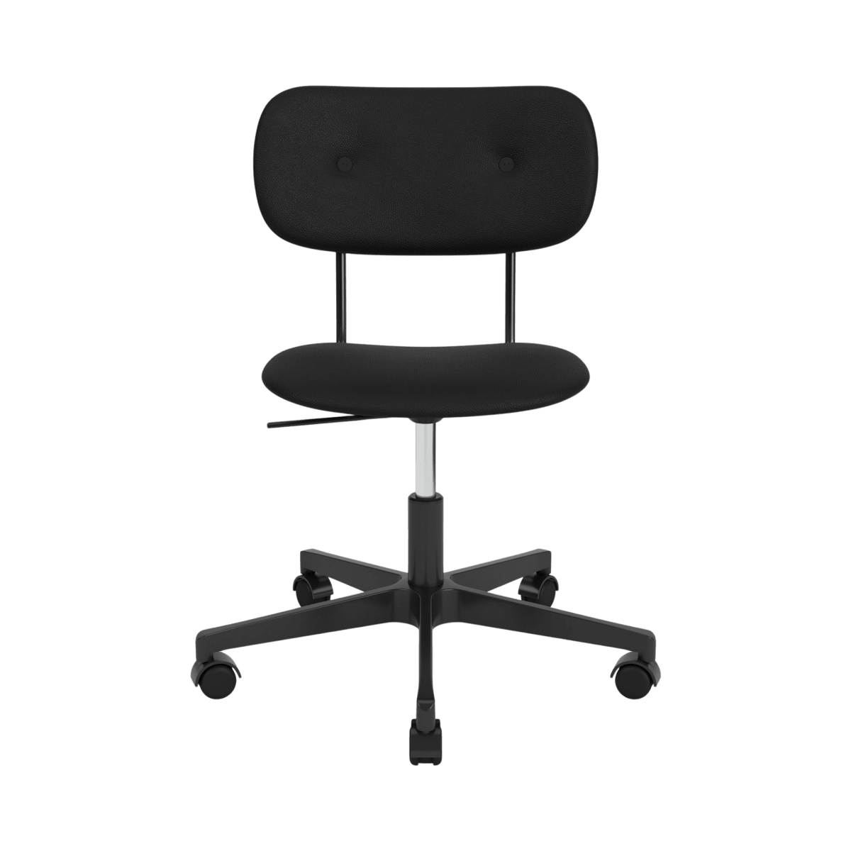 Front view of Co Task Chair without arms, fully upholstered in black Sierra 1001 leather on a five-star base with casters.