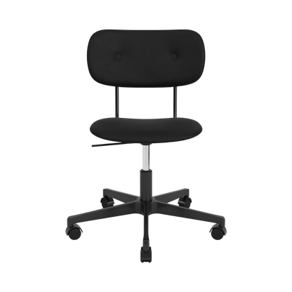 Front view of Co Task Chair without arms, fully upholstered in black Sierra 1001 leather on a five-star base with casters.