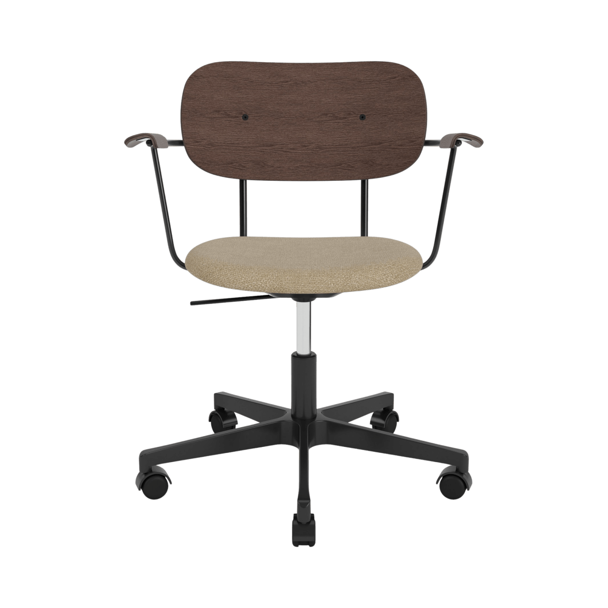 Front view of the Co Task Chair with arms, dark stained oak back and beige Bouclé 02 upholstered seat on a black base.