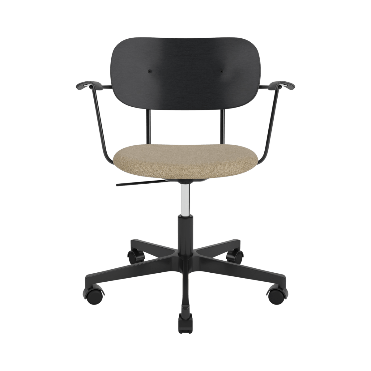 Co Task Chair with arms, black oak backrest, beige Bouclé 02 upholstered seat, and black swivel base with casters.