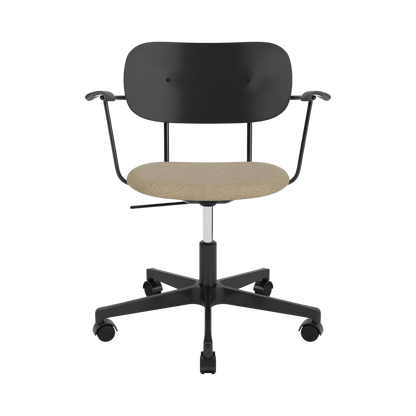 Co Task Chair with arms, black oak backrest, beige Bouclé 02 upholstered seat, and black swivel base with casters.